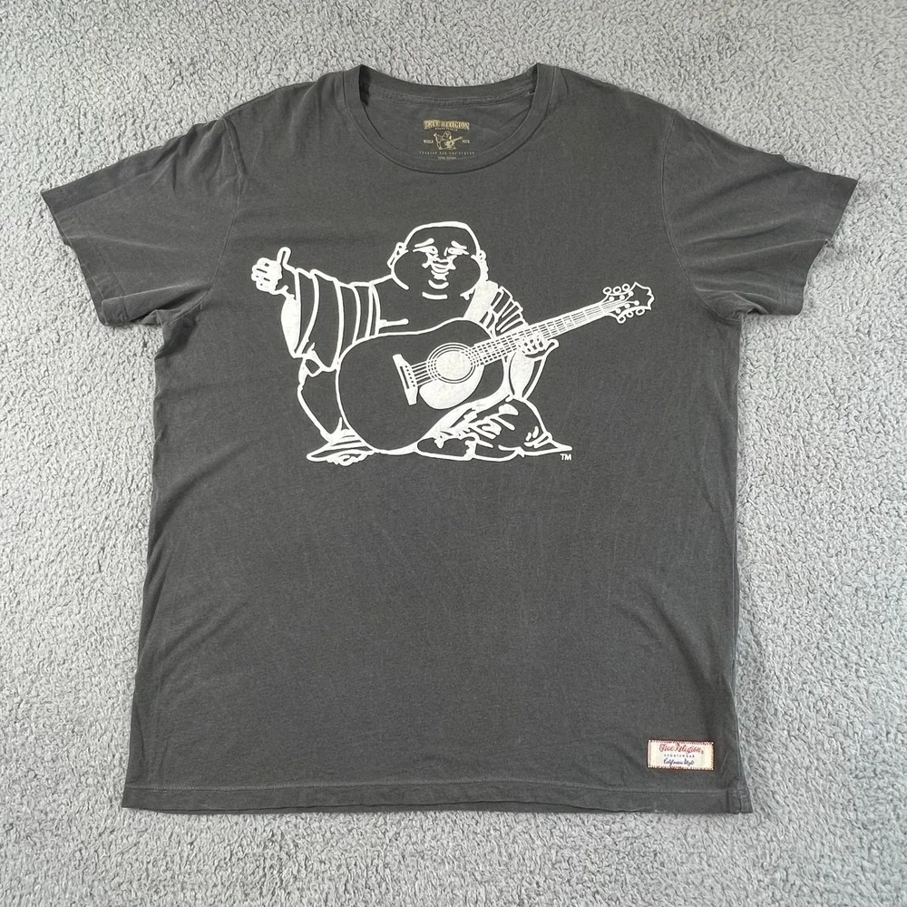 True Religion Graphic T-Shirt Buddha Guitar Logo Gray Men's Size XL VTG‎ NWT